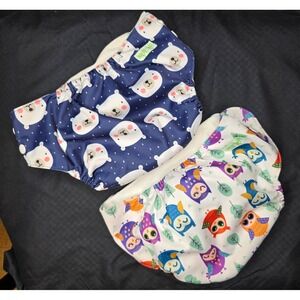 Reusable Cloth Diaper Cover Two Pack Cute Owl and Bear Prints Adjustable Snaps